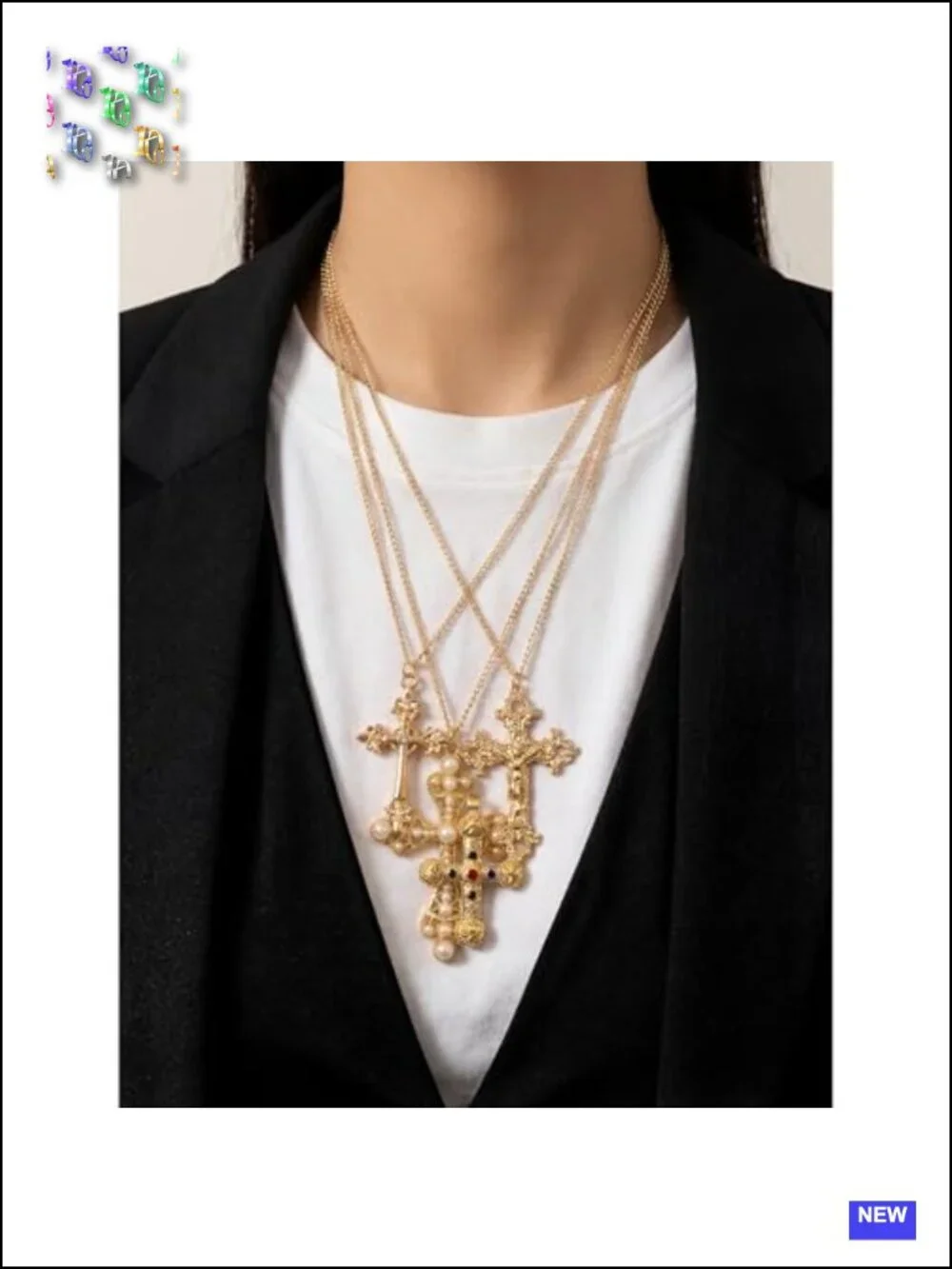 4-Piece Layered Cross Pearl Necklace Set Silver